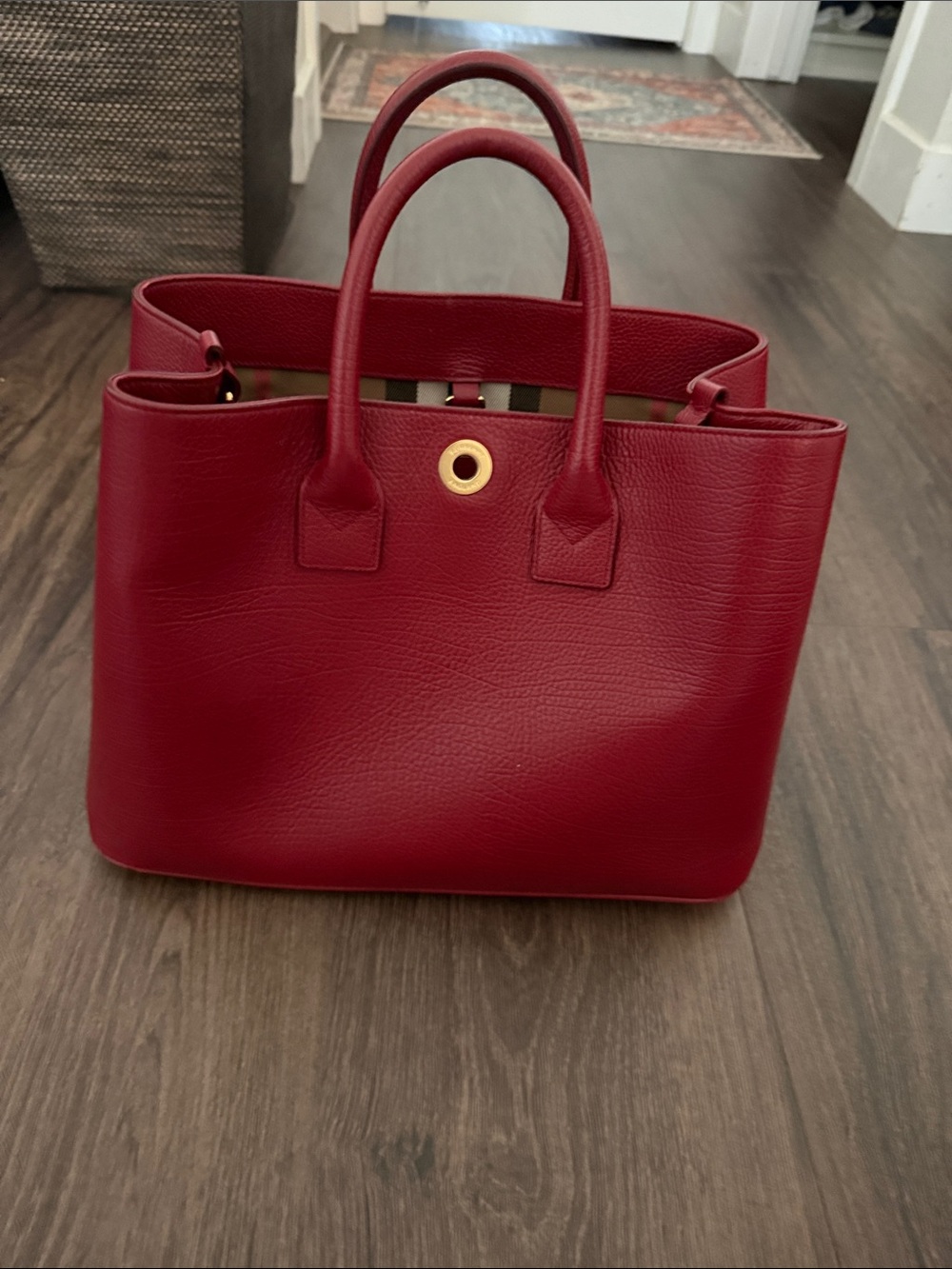 Burberry Red Leather Tote with Classic Check Side Panels - Picture 2 of 3
